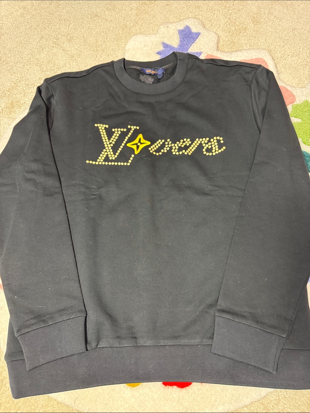 Louis Vuitton Black Crewneck with Gold Studded Logo Script